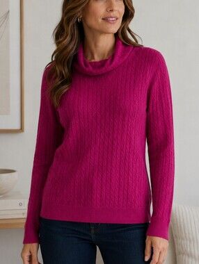 Pink Wool Cable Knit Turtleneck Sweater